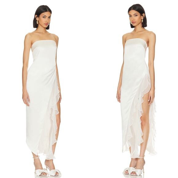 Retrofete Lorelai Strapless Ruched Draped Ruffle Asymmetric Maxi Dress Sz Small - Picture 3 of 15